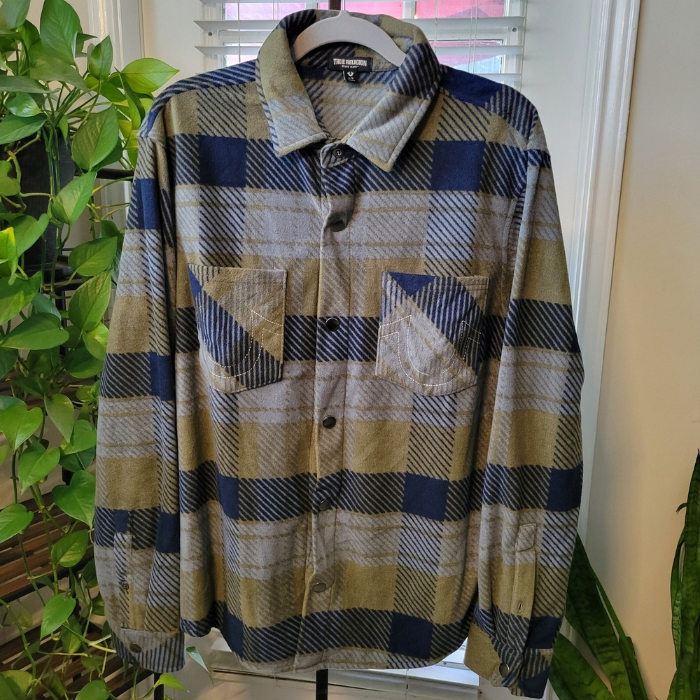 True Religion Mens Fleece Plaid Button Down Shirt Navy Olive Large Buttery Soft